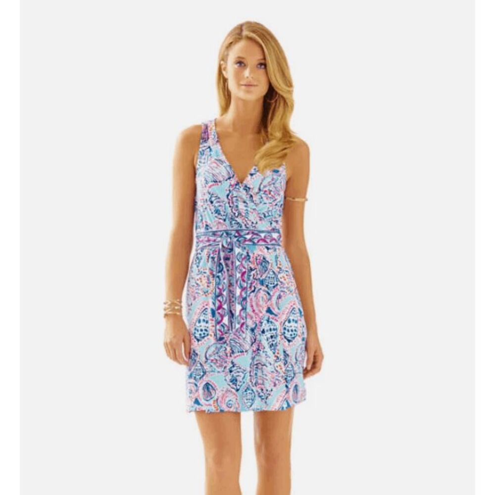 Lilly Pulitzer Bellina Wrap Dress Shell Me About It blue and pink seashell Small